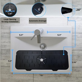 Silicone Sink Splash Guard, Drip Catcher Tray Mat | Kitchen Guard Gadgets Sink Accessories, Kitchen Sink Sponge Holder | 15" x 5.5" Drying Mat for Kitchen Counter, Faucet Accessories - Black