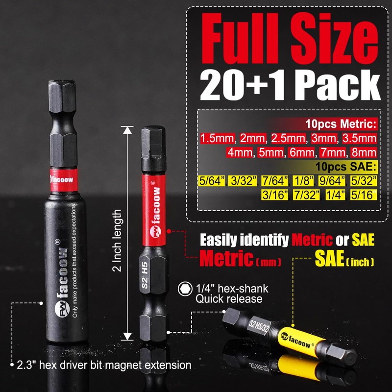 Facoow Hex Bit Set, S2 Alloy Steel Allen Wrench Drill