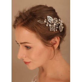 Deniferymakeup Rose Gold Leaves Hair Vine Bridal Hair Pearl Vine Wedding Hair Vine Wedding Hair Accessories for Bride (Silver)