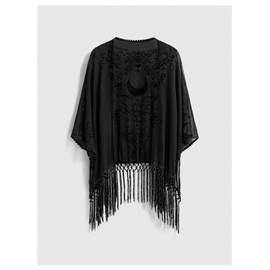 BEAUDRM Women's Goth Graphic Open Front Kimonos Boho Hippie Fringe Sheer Mesh 3/4 Sleeve Beach Cover Up Cardigan Black X-Large