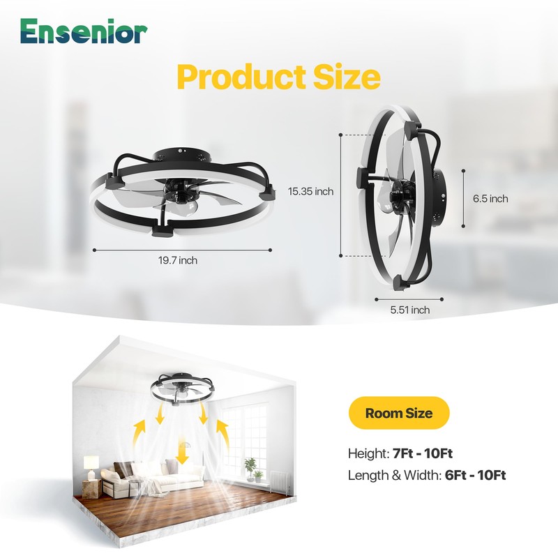 Ensenior 20'' Low Profile Ceiling Fans with Lights and Remote,