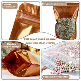 150-pack 5.9” x 8.7” Stand Up Mylar Bags with Clear Window Resealable Foil Pouches for Food Storage Smell Proof Edible Packaging Zip Bag for Jewelry and Small Business, Ziplock Bag Bulk, Golden