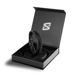 SERASAR Leather Bracelet for Men Onyx Beads Mens Beaded Lava Cuff Bracelets Black Bead Stone Wrist Jewellery