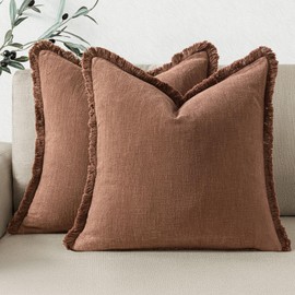 Woaboy Set of 2 Decorative Linen Fringe Throw Pillow Covers Boho Farmhouse Cushion Covers Accent Pillowcases with Tassels for Living Room Couch Sofa Bed Chair,22x22 Inch,Rust Brick