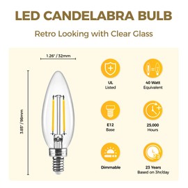 Hizashi E12 LED Candelabra Bulb 40 watt Equivalent, Dimmable Candelabra LED Light Bulbs Soft White 3000K, 90+CRI 4W 450LM B10 LED Candle Bulb, Candelabra Base, UL Listed, 6 Pack