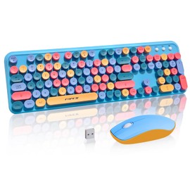 FOPETT Wireless Keyboard and Mouse Combo, 105 Keys Full-Sized 2.4 GHz Round Keycap Colorful Keyboards, USB Receiver Plug and Play, for Windows, Mac, PC, Laptop, Desktop (Blue Colorful)