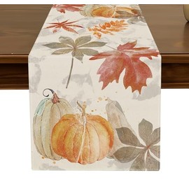 Watercolor Pumpkin Fall Table Runner 13x72 Inch Maple Leaf Harvest Autumn Thanksgiving Holiday Dining Room Kitchen Table Decor for Indoor Outdoor Home Party Decoration ZQ51