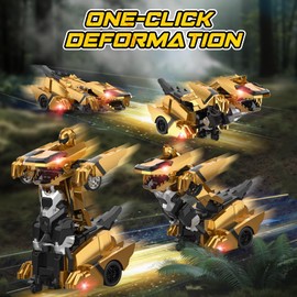 Dinosaur Transform Rc Cars, 2.4Ghz Remote Control Car Transforming Robot with Flashing Light, 360° Rotation One Button Deformation Car Toy Gifts for Boys Age 4-7 8-12