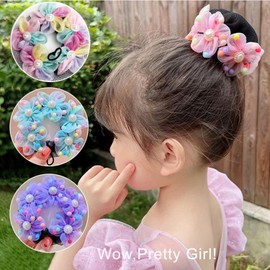 Floral Hair Bun Scrunchies with Pearl Accents, Drawstring Hair Snood for for Ballerina Dancer Bank Clerk Nurse Skater Kids Hair Fixing 4-Pack