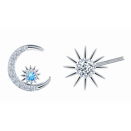 MICSAVI Asymmetric Earrings Moon Star Stud Earrings Women's Jewellery Hypoallergenic Sterling Silver 925 Zirconia Earrings Studs for Women and Girls, Sterling Silver, Cubic Zirconia