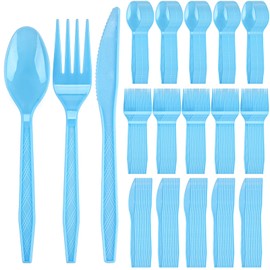 150 Pack Plastic Silverware Heavy Duty, Light Blue Disposable Cutlery Set Includes 50 Forks 50 Knives 50 Spoons for Birthday Wedding Party Picnics (150, Blue)