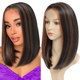 meiliprotea Brown Highlight Bob Wig Middle Part Synthetic Lace Front Wig Wear and Go Glueless Bob Closure Wig 15 Inch Shoulder Length Straight Bob Wigs for Women Daily Party Use (HL Brown)