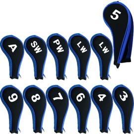 Golf Iron Head Covers Neoprene Long Cover with Zipper 10 12 Pack Set 3 4 5 6 7 8 9 PW SW LW A Large Printing Number,Black Blue Red Color(Blue-12 Pack)