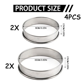 CarsMinders 4pcs Stainless Steel Crumpet Rings, Non-Stick, Double Rolled, 10cm, Black