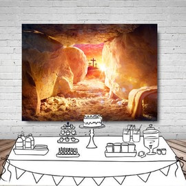 LYWYGG 7x5ft Happy Easter Day Backdrop Jesus Christ Easter Christmas Backdrop Cross Holy Light Christian Backdrop for Church God Bless Resurrection Christian Church Baptism Photo Prop cp-477