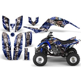 AMR Racing ATV Graphics Kit: Quad Stickers for Yamaha Raptor 660 (2001-2005), Featuring Mad Hatter Silver & Blue Design, Transform Your Ride with Protective ATV Stickers!