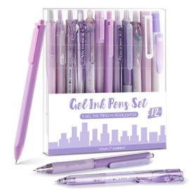 Four Candies Pack of 12 Gel Pens, 11 Gel Pens Black + 1 Pastel Highlighter, Pens Aesthetic Gel Pens Set - Accessories for School & Office (Purple Barrel)
