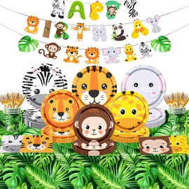 144Pcs Jungle Safari Birthday Plates,Safari Animal Tableware Set Zoo Theme Birthday Paper Decorations Zoo Animal Face Plates,Wild Leaf Tablecloth for Baby Shower Jungle Safari Theme Party