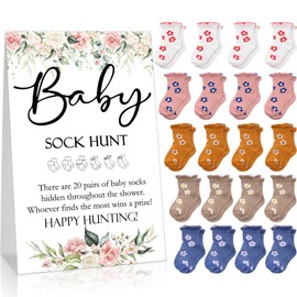 Hoteam 21 Pcs Baby Shower Games Include Baby Sock Hunt Sign and 20 Pair Small Cotton Socks Wooden Table Sign with Holder for Gender Reveal Party Favors(Flower Style)