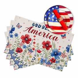 4th of July Placemats Red Blue Flowers Leaf Butterfly Place Mats for Dining Table Patriotic Floral Independence Day Washable Table Mats for Kitchen Dining Decorations Set of 6