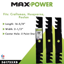 Maxpower 561735XB 3 Blade Commercial Mulching Set for 48" Cut Craftsman, Husqvarna, Poulan, Replaces OEM no. 173921, 532173921
