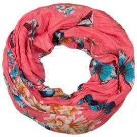 styleBREAKER butterfly and flowers print tube scarf, crush and crinkle 01016013, Colour:Coral