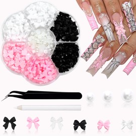 FULZTEY 300 Pcs Colorful Bows Flatback Resin Pearls 3D Bows Nail Charms Cute Kawaii Bow Nail Jewels Flatback Bows Pearls Charms for Acrylic Manicure DIY Crafts Accessories