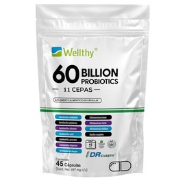 Wellthy Probioticos 60 Billones 11 Cepas. 45 Cápsulas Mes y Medio de Consumo, Cápsulas Veganas, DRcaps® Acción Prolongada, Bottle Free.