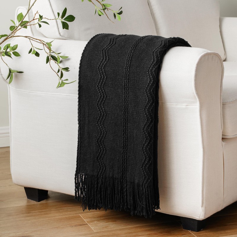 Battilo Black Throw Blanket with Fringe, Bed Throws for Home