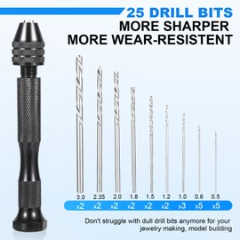 Micro Drill Bit Set, Pin Vise Hand Drill Manual Jewelry w/Micro Drill Bits (0.5mm-2.5mm), Rotary Craft Drill for Jewelry Making, Resin, Wood, Plastic, Miniature, Beads, Clay 25 PCS