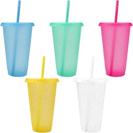 SAHENITEANA 5 Pack Plastic Cups, Tumbler with Lid and Straw, Reusable Cup, Summer Coffee Tumblers Party Cup, Reusable Bulk Tumblers Plastic Cold Cups for Parties, Birthdays (Color A, 710ml/24oz)