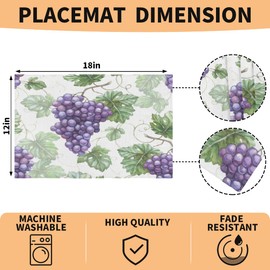 Grape Placemats Set of 4, Purple Farmhouse Table Place Mats Washable Wipeable Cloth Placemat for Kitchen Dining Table Decoration Indoor Outdoor 12x18 Inch