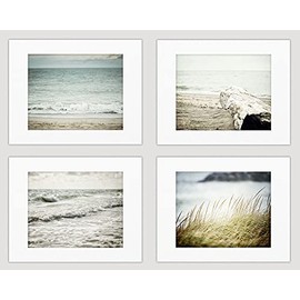 Lisa Russo Fine Art - Beach Coastal Nautical Wall Decor Prints - Set of 4 - Not Framed - Blue, Beige, Green (4 11x14 Prints with 16x20 Mats)
