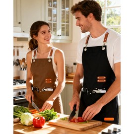 Teskyer Kitchen Cooking Apron with 4 Pockets, Water Oil Resistant, Canvas Cross Back Aprons for Men Women Chef Server - Khaki