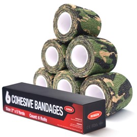 RISEN Cohesive Bandage 2” x 5 Yards, 6 Rolls, Self Adherent Wrap Medical Tape, Adhesive Flexible Breathable First Aid Gauze Ideal for Stretch Athletic, Ankle Sprains & Swelling, Sports(Jungle Camo)