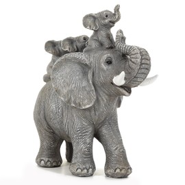FriyGardcn Linda estatua de elefante gris para decoración del hogar, elefante de la buena suerte, lleva tres terneros en su espalda, estatuillas de decoración para estantes, buenos regalos para