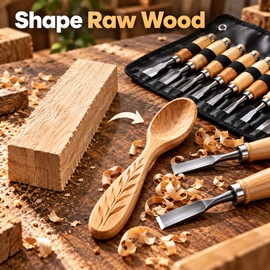 12-Piece Wooden Carving Chisel Set – Full-Size Woodworking Knives and Gouges with Storage Pouch