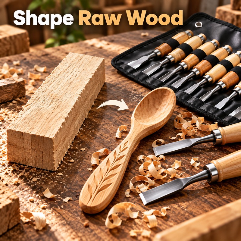 12-Piece Wooden Carving Chisel Set – Full-Size Woodworking Knives and