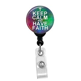 Cross Keep Calm and Have Faith On Plasma - Retractable Badge Reel - ID Name Tag Custom Badge Holder (Black Badge Reel Belt Clip)
