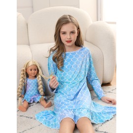 Bow Dream Toddler Girls Casual Dress and Matching American Girl Doll Clothes for Girls Cute Cartoon Kids Dress Party Birthday Blue Mermaid Size 150