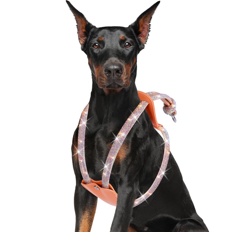 WOOFUU Rhinestone Dog Harness, Orange Leather No Pull Vest with