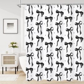 Litabel Cute Bow Shower Curtain, Black Aesthetic Bowknot Shower Curtain for Bathroom, Modern Minimalist White Waterproof Fabric Shower Curtain Set, 72x72 Inch