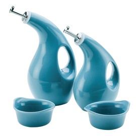 Rachael Ray Serveware Ceramics EVOO and Ramekin Dipper Set, 4 Piece, Agave Blue