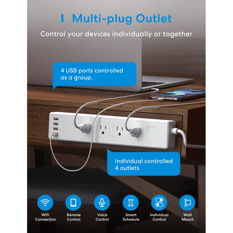 meross Smart Plug Power Strip, WiFi Flat Outlet 15A Compatible