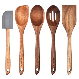 TANAAB Wooden Spoons Kitchen Utensils Set for Cooking Baking, Natural Wood Slotted Spoon Solid Corner Spoon Turner Silicone Spatula Cooking Utensils Set Tools Large for Nonstick Cookware