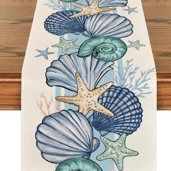 Bazasa Table Runner Washable Tablecloth Starfish Shells Table Runner Modern