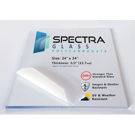24" x 24" (1/2" Thick) Spectra Glass Clear Polycarbonate Lexann Plastic Sheet. Stronger Than Plexiglass. UV Coating. Impact & Weather Resistant. Sizes Nominal Cut Within +-1/8". Made in USA