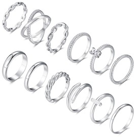 FANCH 12PCS 14K Silver Rings Set for Women, Open Chunky Twist Diamond Cross Rings Non Tarnish Gold Plated Knuckle Stackable Layered Thumb Rings Plain Band Rings, Perfect for Wedding Rings Size N1/2