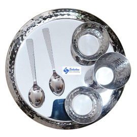 Sahishnu Online And Marketing Stainless Steel Hammer Style Dinner Set, Indian Dinnerware, Traditional Indian Dinner Set of Thali,Bowls, Glass and Spoons