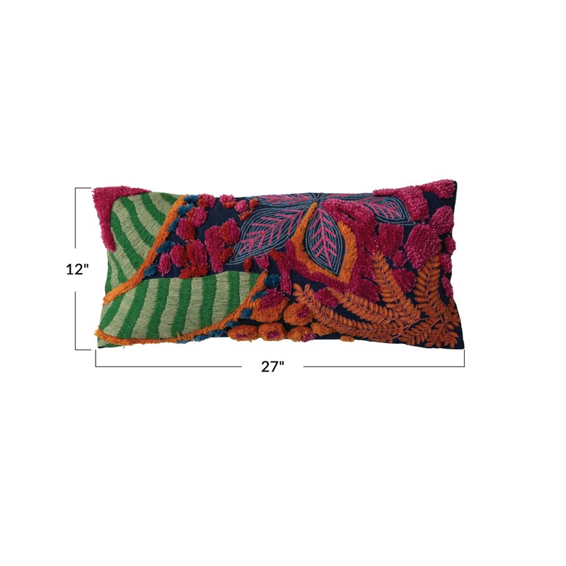 Creative Co-Op Embroidered Fabric Indoor/Outdoor Lumbar Pillow with Botanicals and